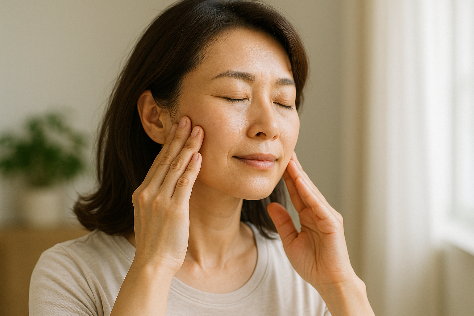 여성이 눈을 감고 광대 아래를 손가락으로 마사지하고 있는 모습