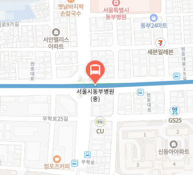 서울시동부병원에서 인천공항 리무진 공항버스(6002번) 지도 위치