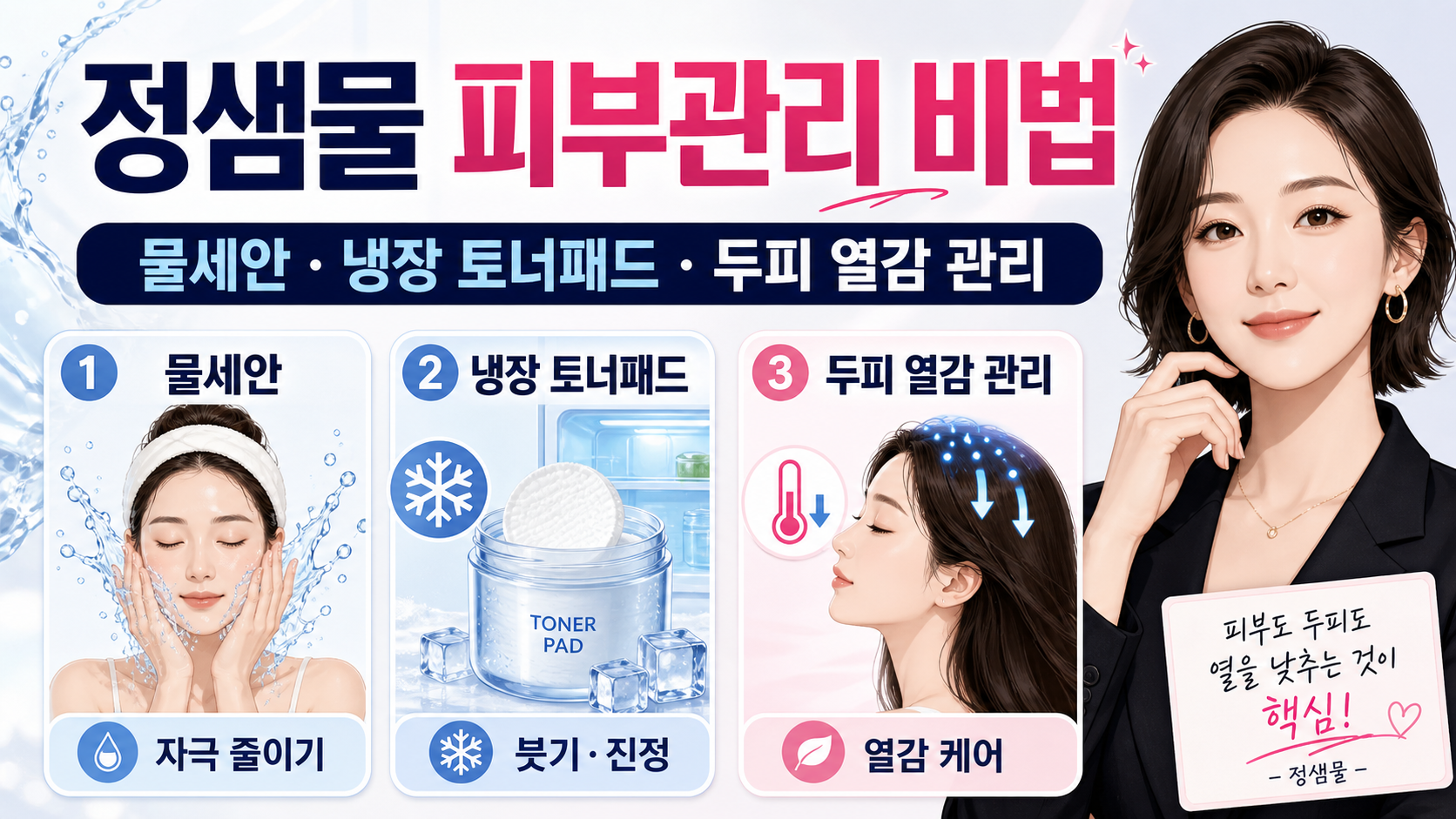 정샘물 피부관리 비법, 물세안&middot;냉장 토너패드&middot;두피 열감 관리 정리