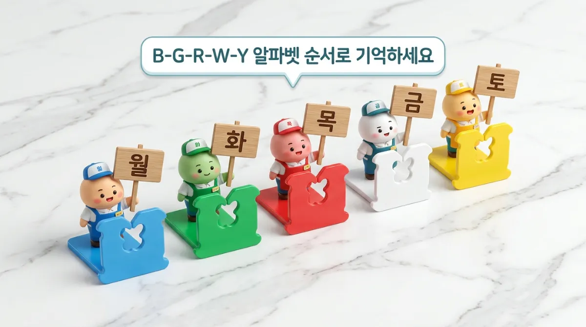 미국식 식빵 클립 알파벳 컬러 코드 인포그래픽 &mdash; B, G, R, W, Y 순서로 요일 배치