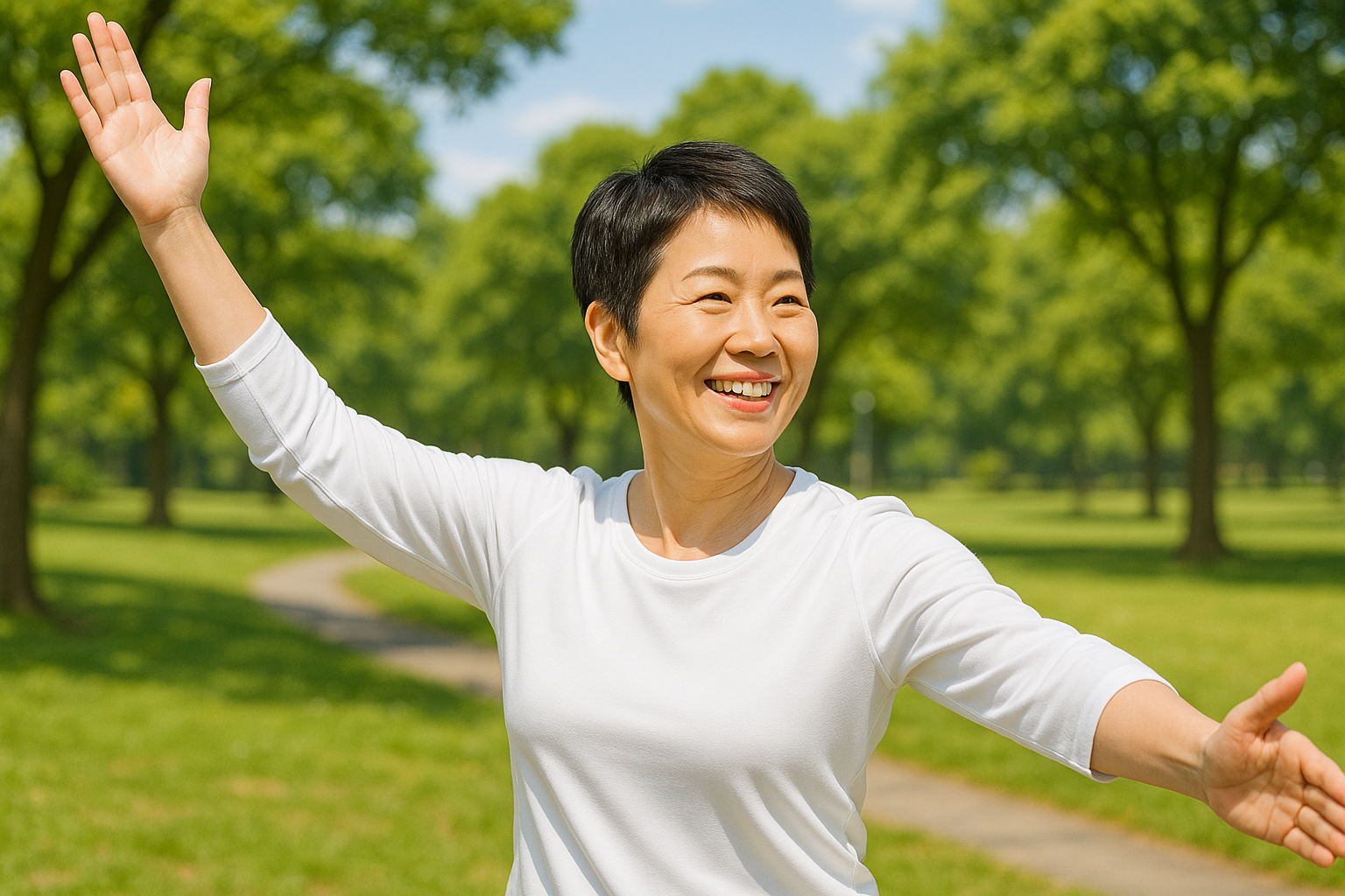 갱년기를 대비해서 공원에서 요가를 하고 있는 50대 여성