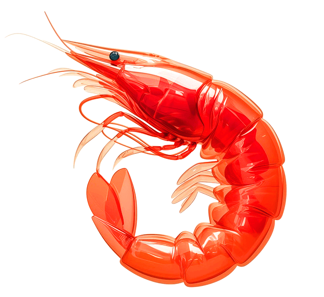 붉은색의 커다란 새우가 있다. 몸이 좀 구부러졌도 머리는 뾰족하다.