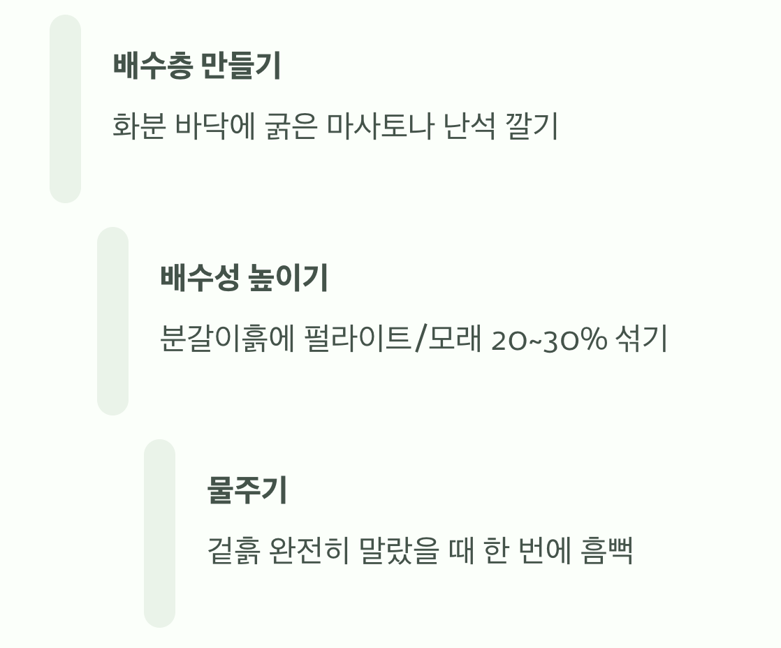 과습은 금물, 뽀송뽀송한 흙