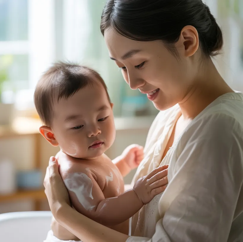 목욕 후 3분 이내에 로션을 바르고 있는 이미지