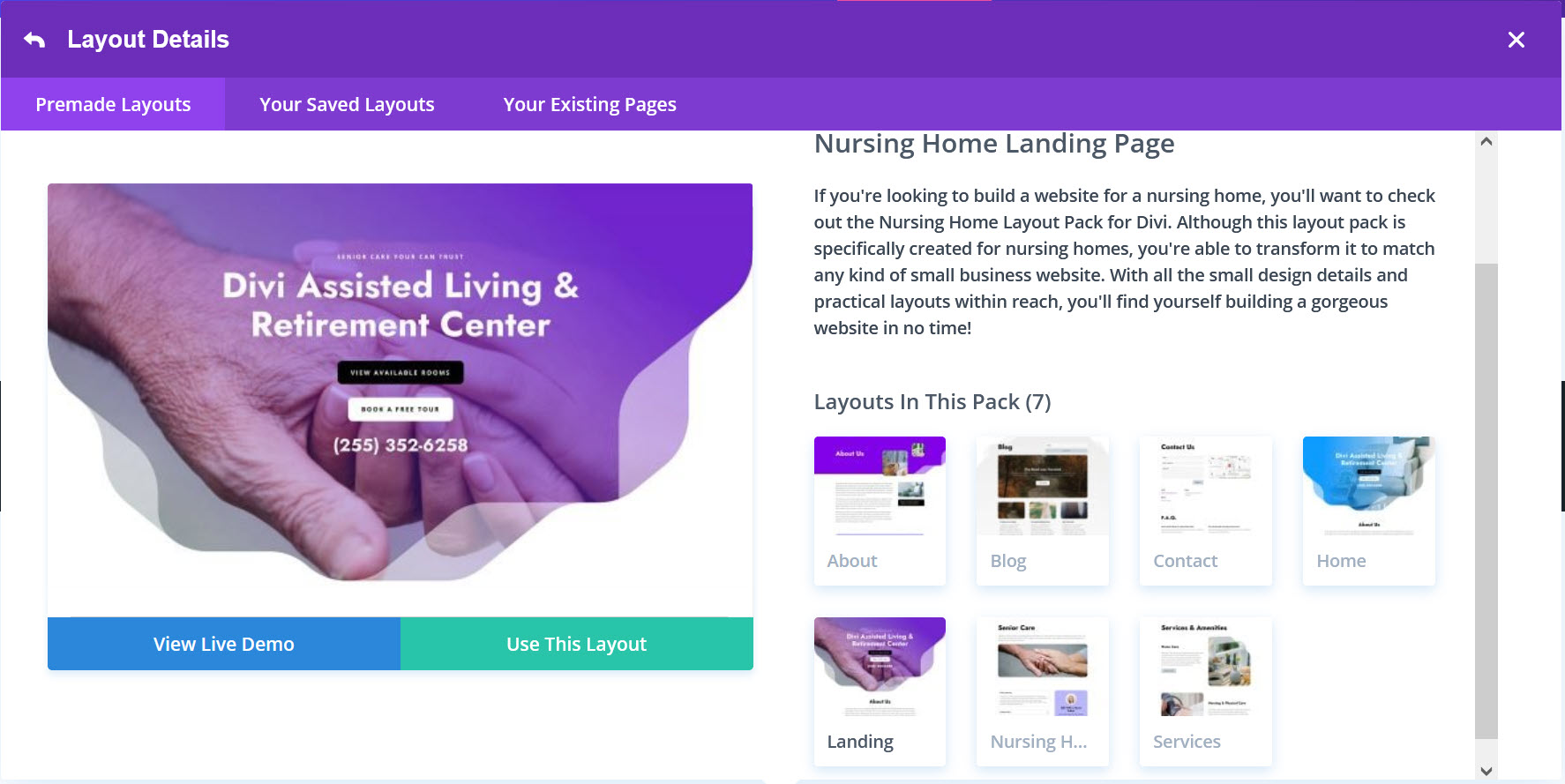 워드프레스 Divi 테마용 요양원 레이아웃 팩(Nursing Home Layout Pack)