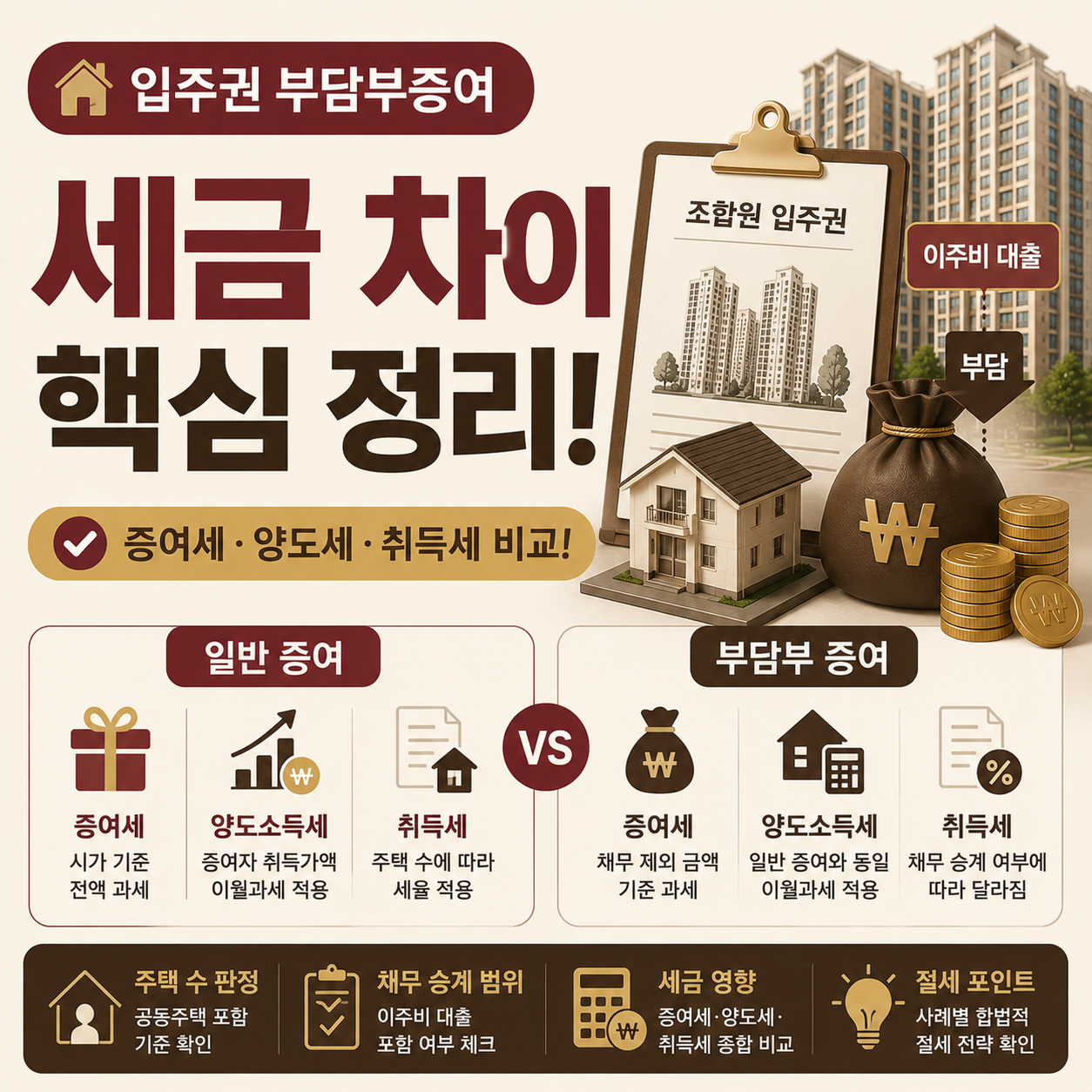 입주권 부담부증여 세금 비교 이미지