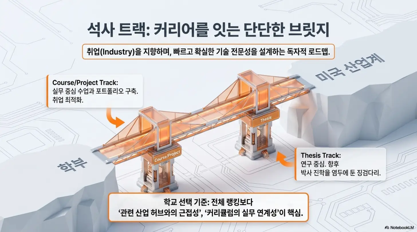 이공계 석사 트랙을 학부에서 미국 산업계로 건너가는 다리로 표현한 인포그래픽. 실무 중심의 코스 프로젝트 트랙과 박사 진학을 염두에 둔 논문 중심 트랙의 차이와 학교 선택 기준을 보여주는 이미지. 