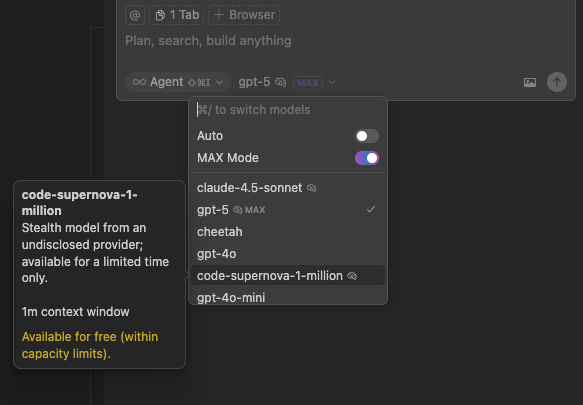cursor ai에서 code-supernova 모델 선택하는 화면