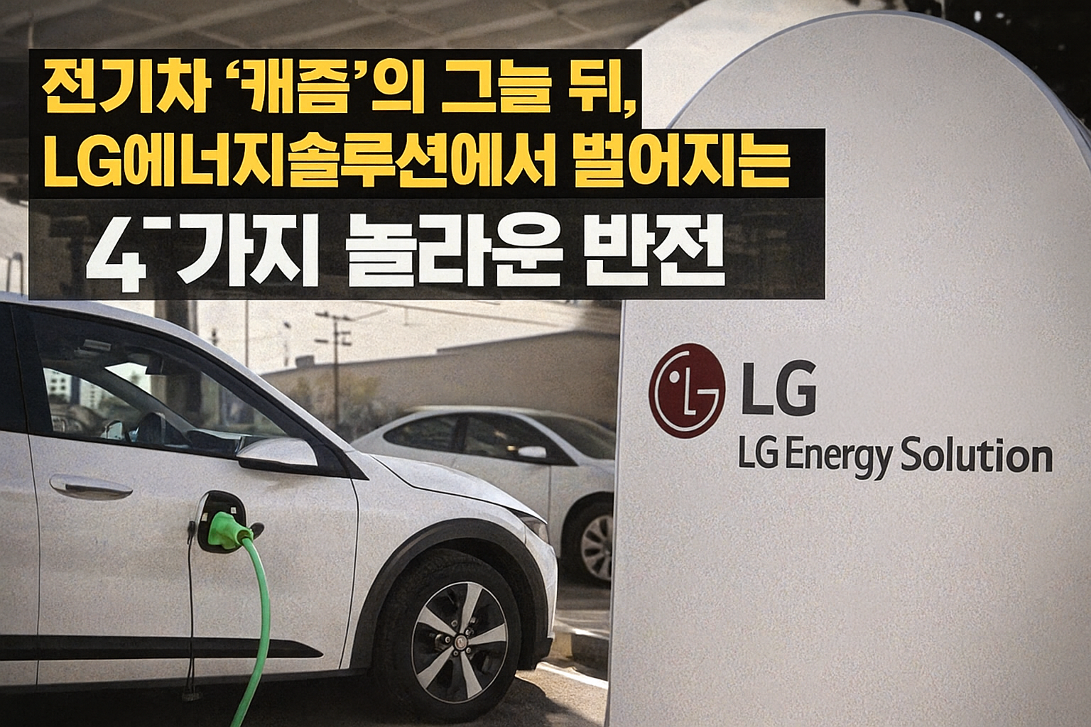 "전기차 충전소에서 흰색 전기차가 충전 중이며, 오른쪽에는 LG에너지솔루션 로고가 보이는 썸네일 이미지. 제목 '전기차 캐즘의 그늘 뒤, LG에너지솔루션에서 벌어지는 4가지 놀라운 반전'이 노란색과 흰색 글씨로 강조되어 있음"