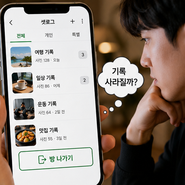 셋로그 방 나가면 기록 남을까 판단할 때 방 나가기와 앱 삭제를 비교하는 화면