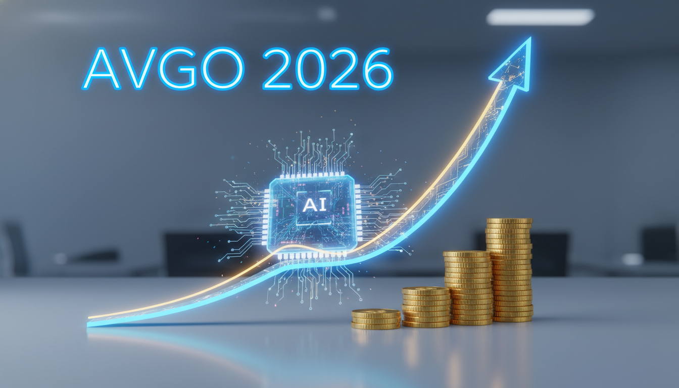 브로드컴(AVGO) 2026년 주가 상승과 강력한 배당 수익률을 상징하는 우상향 주식 차트와 AI 칩 일러스트