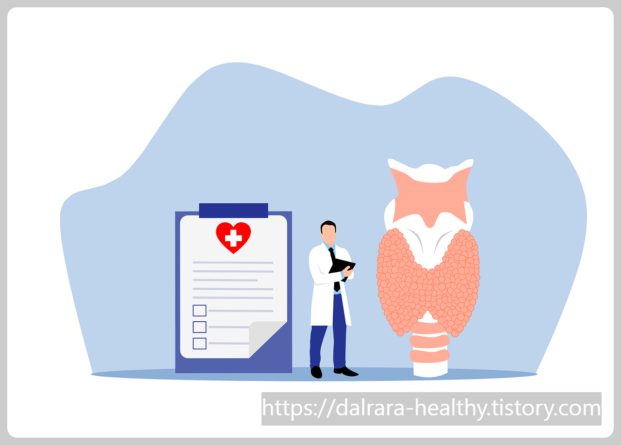 진료차트와 전문의 갑상선 모형이 나란히 있음