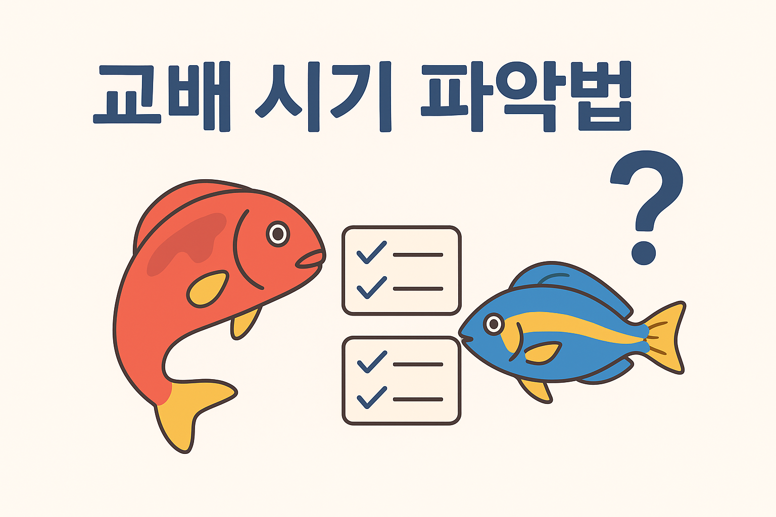 관상어 교배 시기 파악법을 주제로 한 한국어 인포그래픽. 연한 베이지색 배경에 붉은 금붕어와 파란 노란색 줄무늬 열대어가 서로 마주보고 있고, 가운데에는 체크리스트 아이콘과 물음표가 배치되어 있음. 평면 일러스트 스타일로 교육적인 분위기.