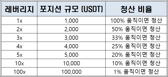 레버리지별로 포지션 규모와 청산비율을 나타내는 사진