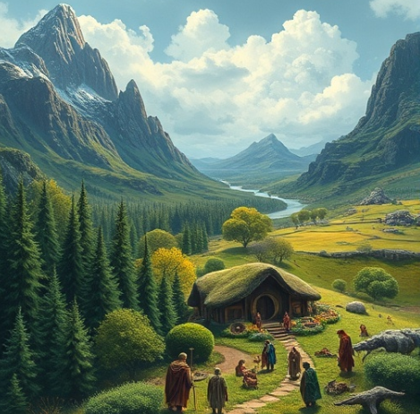 가운데땅의 광활한 풍경(엘프 숲, 드워프 산, 호빗 마을, 모르도르 등 주요 지형 포함)과 여러 종족이 조화롭게 또는 대립하며 살아가는 모습