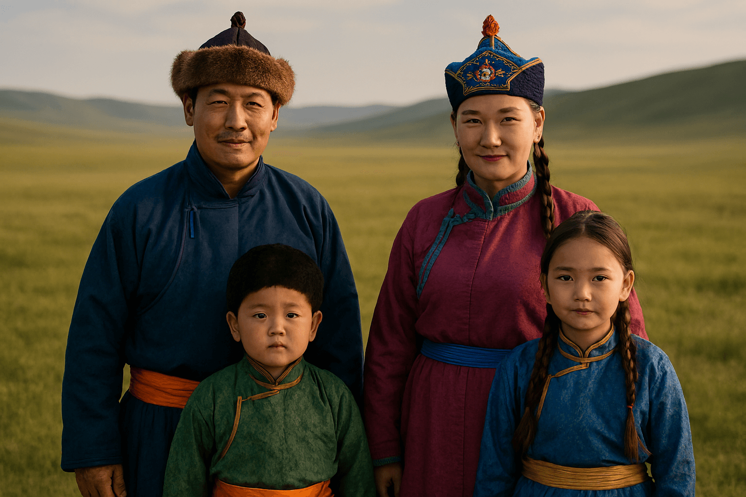 드넓은 초원 위의 게르 앞에서 환하게 웃으며 손님을 맞이하는 몽골 유목민 가족. 몽골여행에서 만나는 따뜻한 환대다.