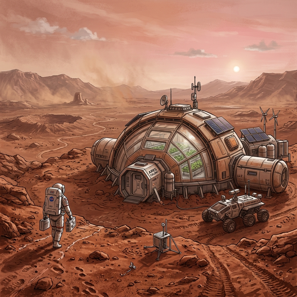 미래의 화성 정착 도시 가상 렌더링