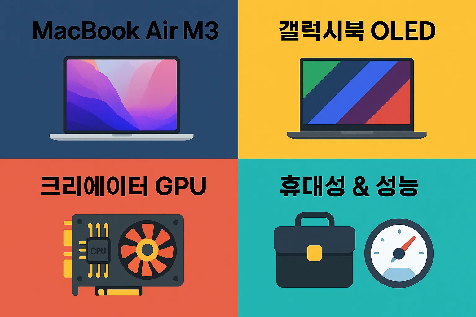 MacBook Air M3, 갤럭시북 OLED, 크리에이터 GPU 탑재 모델, 휴대성과 성능을 동시에 고려한 추천 가성비 노트북을 보여주는 인포그래픽입니다.