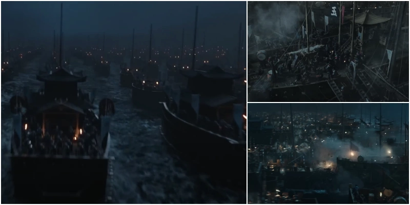 노량: 죽음의 바다에서 엄청난 수의 판옥선과 해상 전투 장면