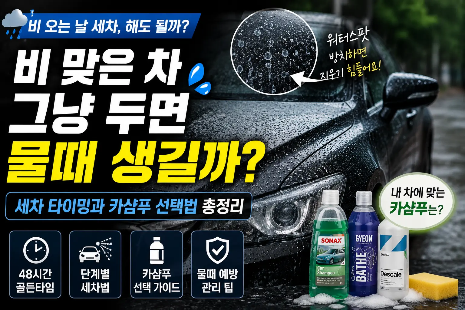 비 오는 날 세차 타이밍과 비 맞은 차량 물때 예방을 위한 카샴푸 선택법 안내 썸네일