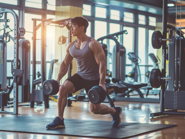 덤벨을 들고 런지 자세를 취하는 남성. 헬스장에서 자세를 확인하며 운동한다.
