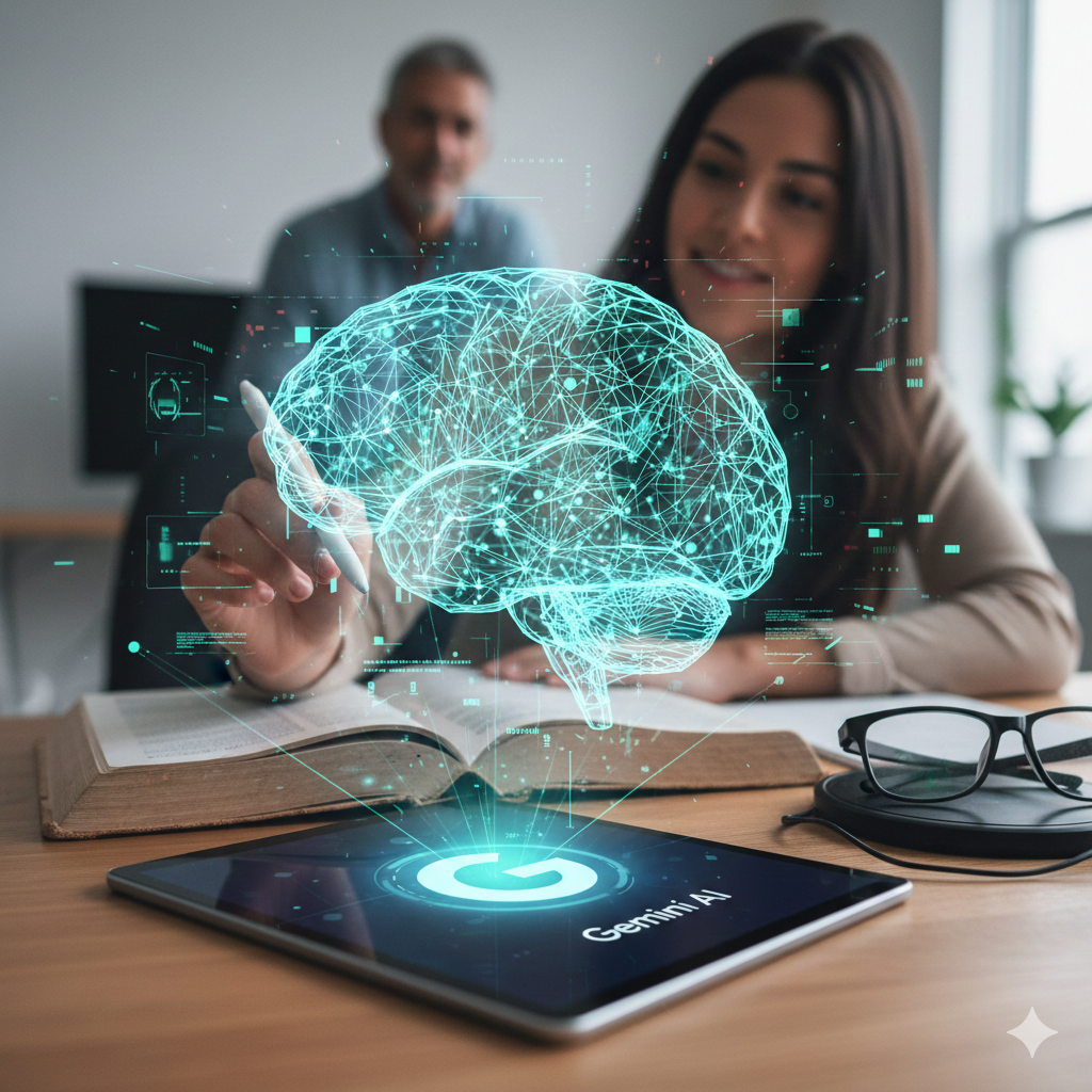 밝은 거실의 원목 책상 위에 태블릿 PC가 놓여 있고, 그 화면에서 푸른색 빛으로 빛나는 거대한 인간의 뇌 홀로그램이 공중에 떠오르는 모습입니다. 태블릿 화면에는 'G' 로고와 'Gemini AI'라는 텍스트가 선명하게 보이며, 한 여성이 스타일러스 펜을 들고 홀로그램 뇌의 신경망을 세밀하게 가리키고 있습니다. 책상 위에는 펼쳐진 두꺼운 책과 검은색 뿔테안경이 놓여 있어 지적인 학습 분위기를 자아내며, 배경에는 한 남성이 흐릿하게 미소 짓고 있습니다.