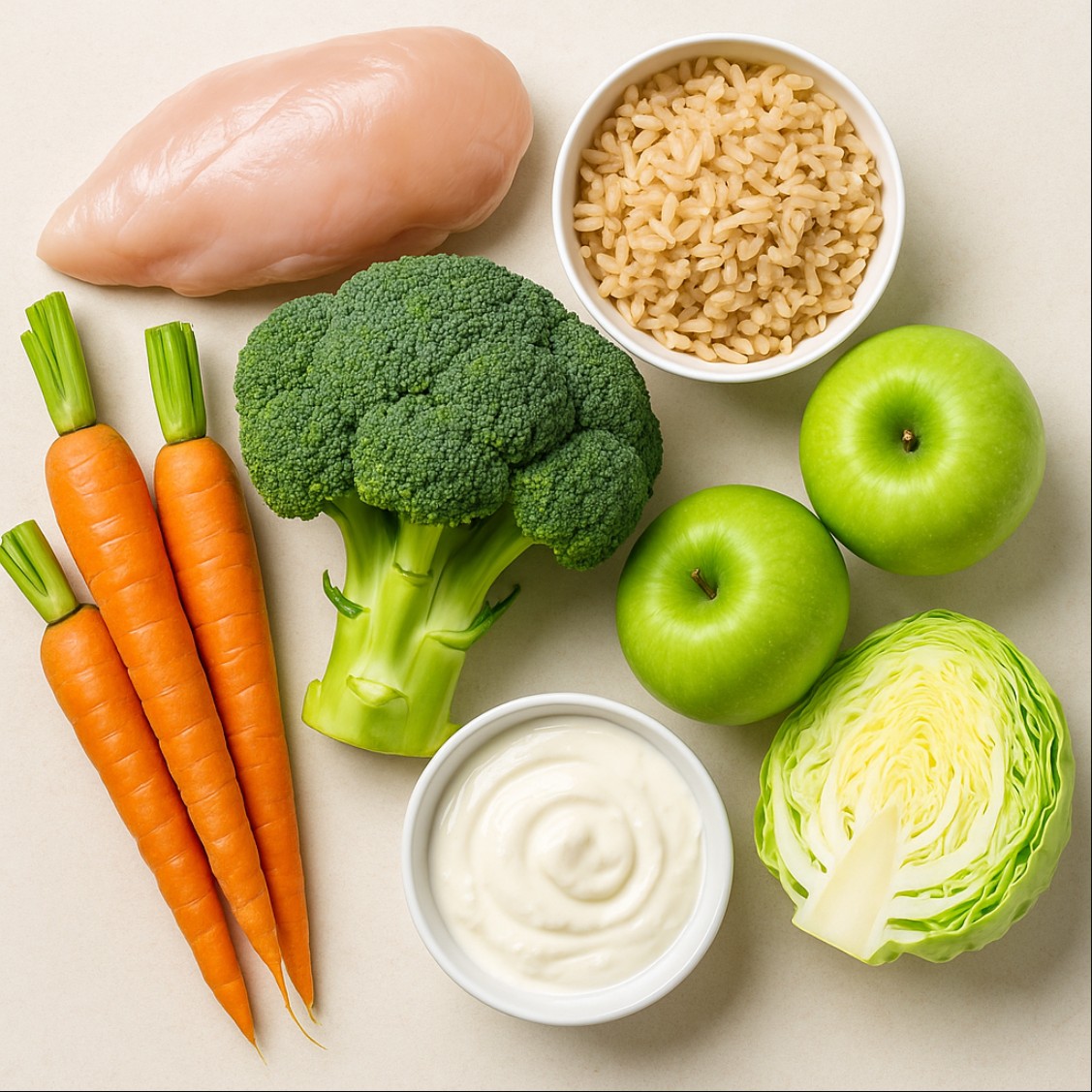 위염에 좋은 음식: 양배추·브로콜리·당근·현미·닭가슴살·요거트·초록사과 등 위 자극을 줄이는 재료를 담은 정사각형 상차림