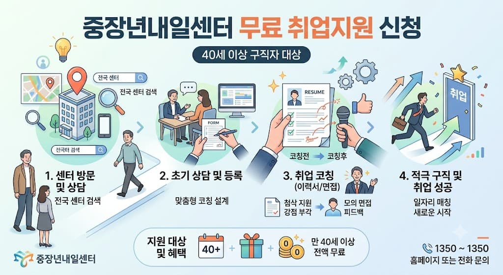 중장년내일센터에서 40세 이상 구직자가 무료 취업상담과 이력서 및 면접 코칭을 신청하는 방법