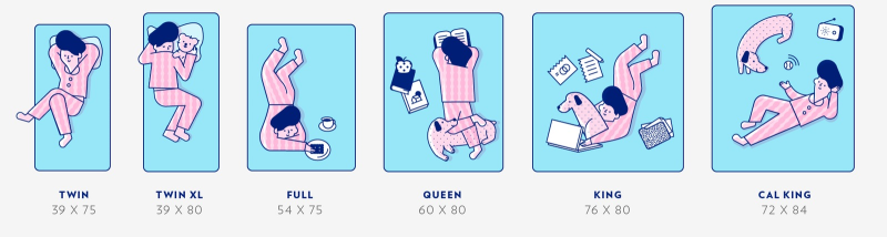 침대 사이즈별 폭 차이를 직관적으로 보여주는 이미지(매트리스 크기 비교)