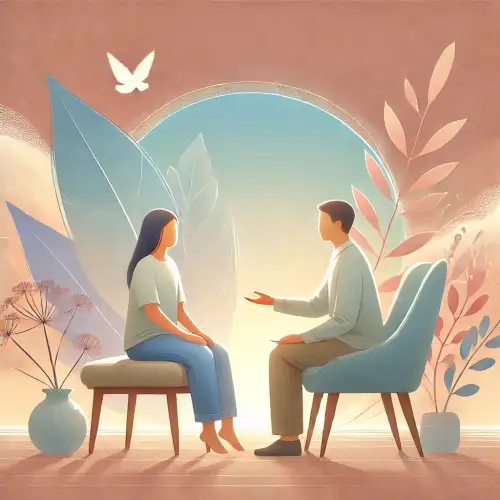 썸네일-한 여성이 맞은편에 앉아있는 남성으로부터 행동 치료를 받으며 심리적 치유와 변화를 경험하고 있다