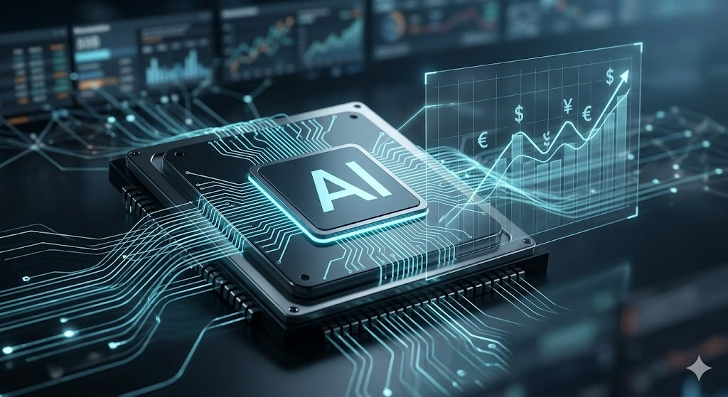 Advanced semiconductor chip with intricate glowing cyan data pathways forming a stable, upward-trending but controlled macroeconomic graph, symbolizing the technological synergy between AI-driven productivity and macroeconomic stability in 2026.