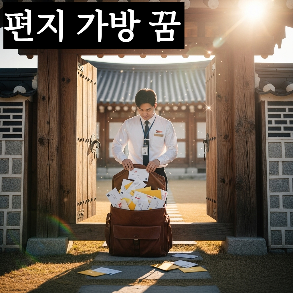 밝은 아침 햇살 아래 한옥 대문 앞에서 웃으며 수많은 편지가 담긴 가방을 열어 보여주는 집배원의 희망적인 일러스트