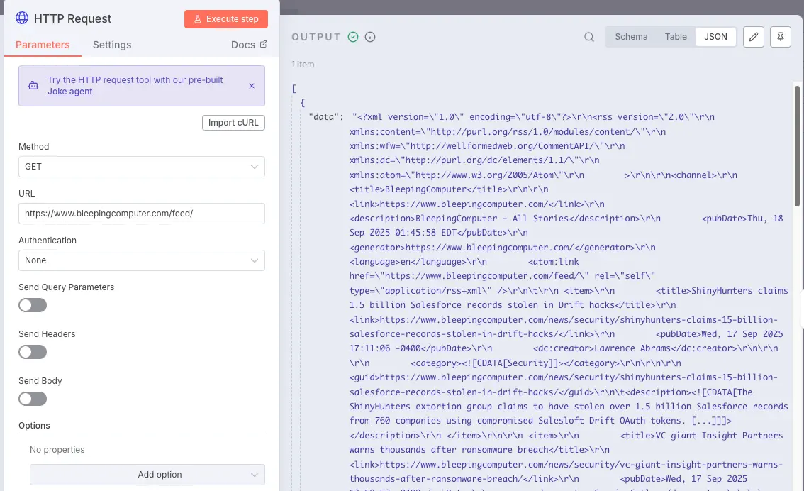 HTTP Request Node Configure and Output