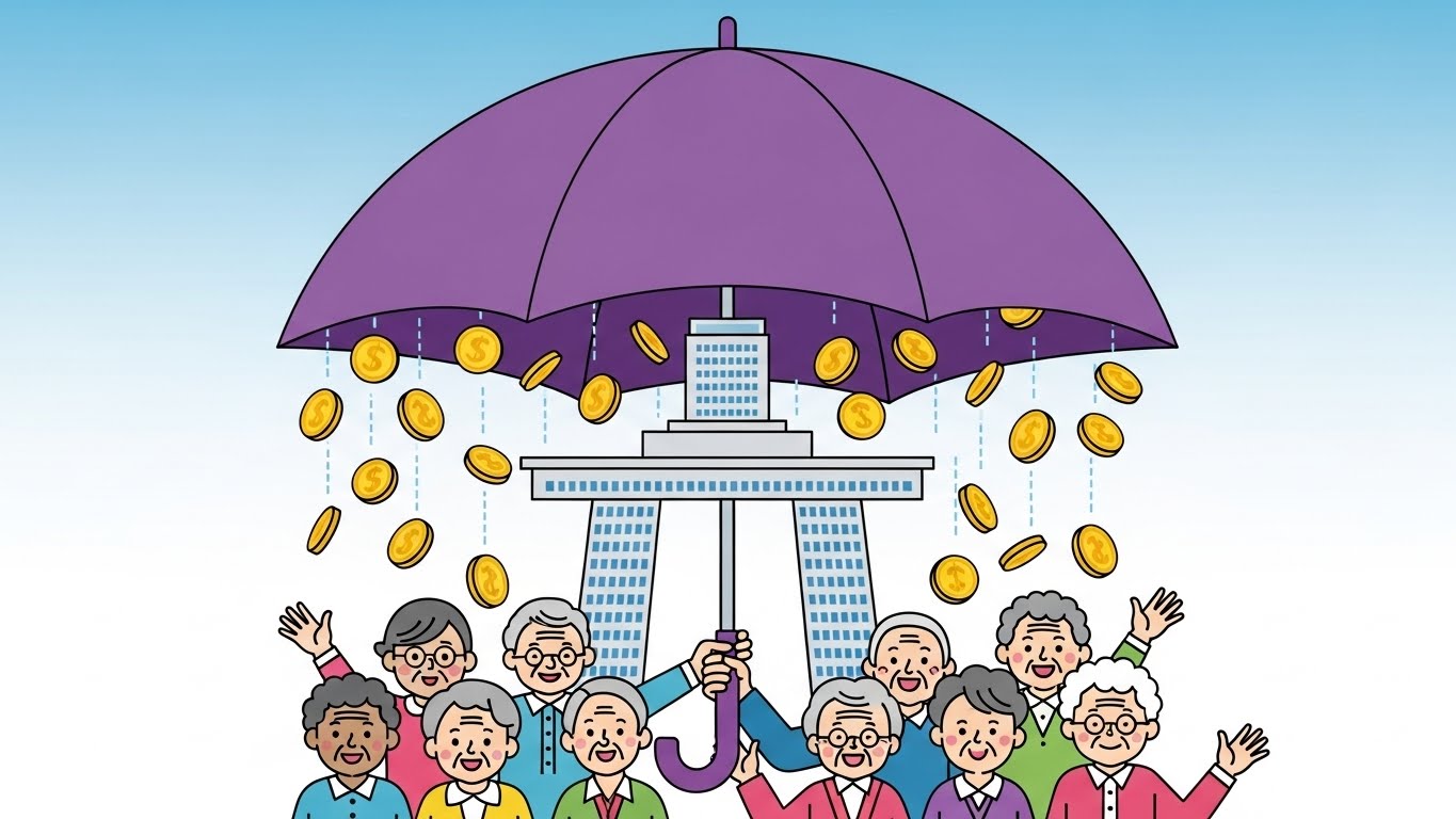 서울시의 촘촘한 복지 안전망과 경제적 지원을 상징하는 보라색 우산과 시니어들의 그래픽