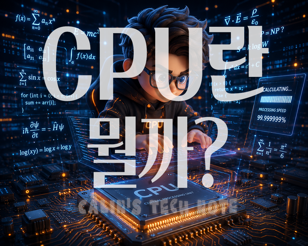CPU 칩 위에서 수학 공식과 프로그래밍 코드, 데이터 창을 동시에 처리하는 3D 캐릭터. 컴퓨터의 두뇌 역할을 하는 CPU의 연산 능력과 데이터 처리 과정을 시각화한 일러스트.