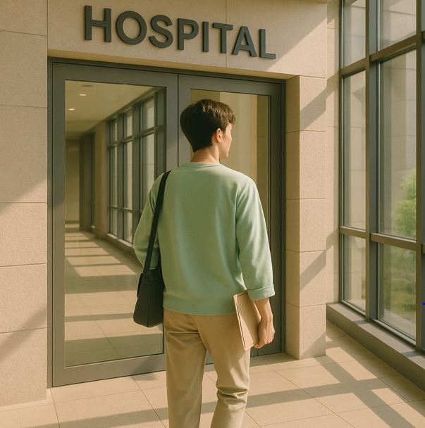 혼자 병원에 들어가는 남자의 뒷모습