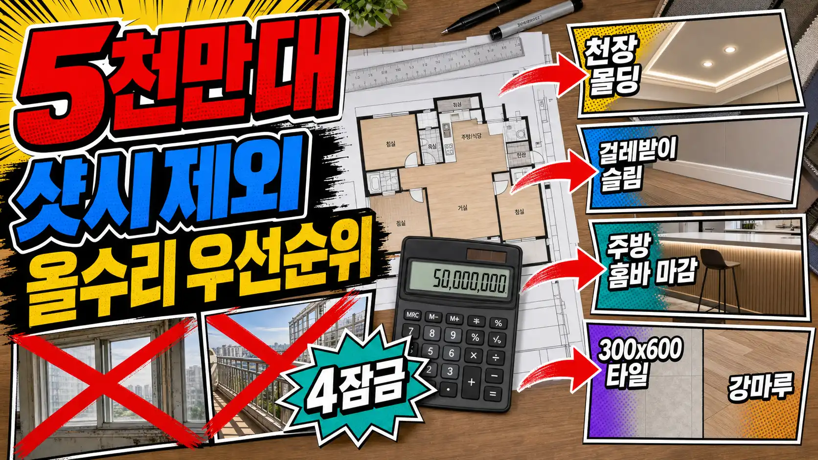 5천만 원대 아파트 올수리 예산에서 샷시와 확장을 제외하고 천장 몰딩, 걸레받이, 주방 마감에 집중하는 리모델링 우선순위 썸네일