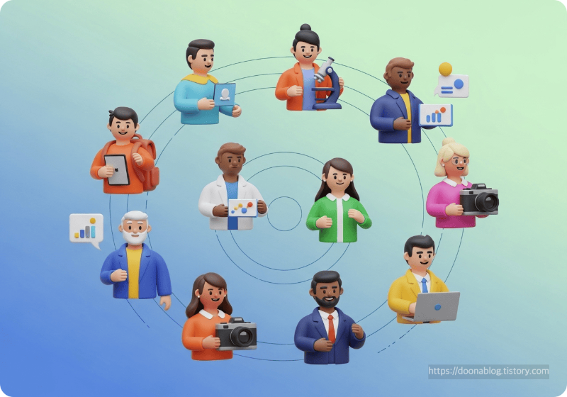 Comet 브라우저의 이상적인 사용자 페르소나들 - 연구자, 학생, 콘텐츠 제작자, 직장인 3D 일러스트