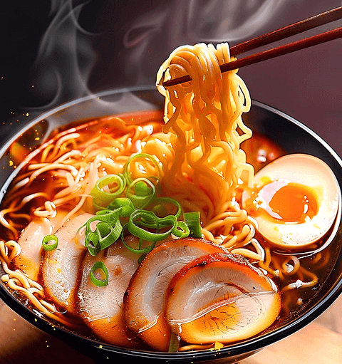 둥그런 넓은 그릇에 뜨거운 김이 나는 하면이 있다. 위에는 달걀지단과 고기들, 파들이 있다. 나무젓가락으로 라면을 집고있다.