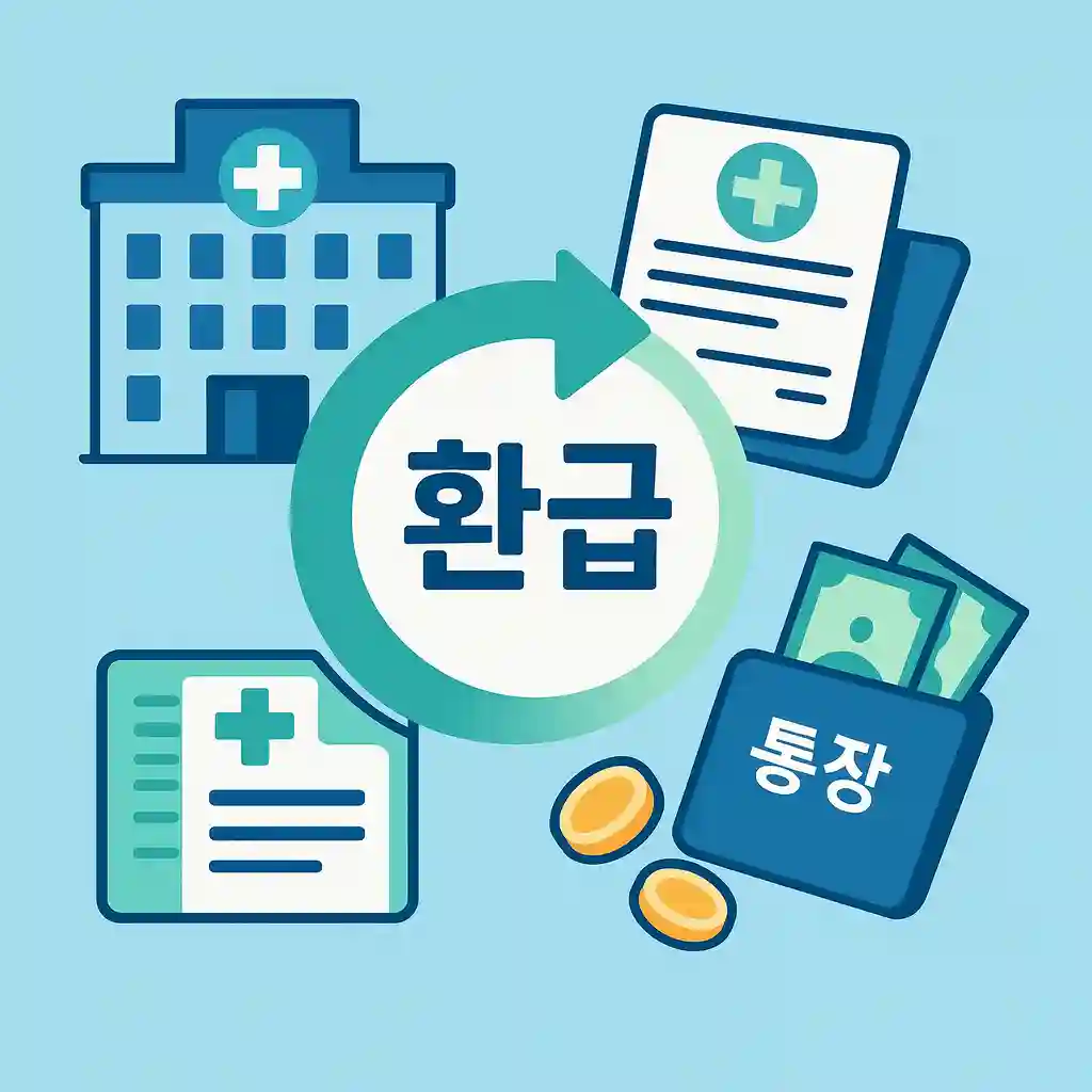 국민건강보험 환급을 상징하는 인포그래픽 이미지, 병원 건물과 의료비 영수증, 통장으로 돈이 입금되는 장면, 중앙에는 환급을 의미하는 화살표 아이콘, 파랑&middot;초록 계열 색상 사용