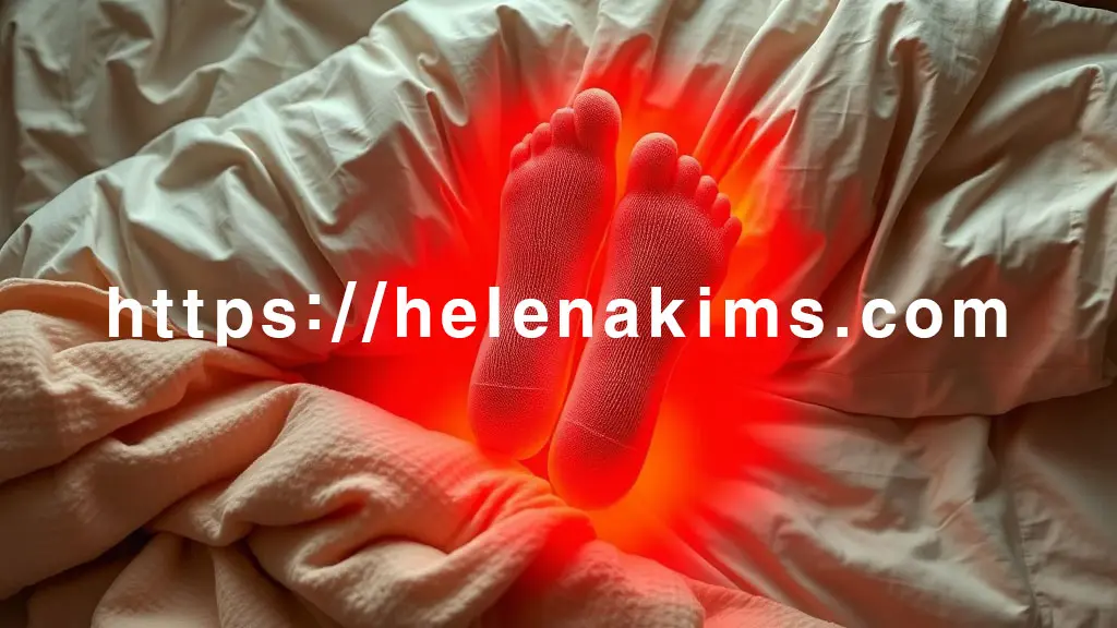 아늑한 침대 위에 부드러운 수면양말을 신은 모습, 은은하고 따뜻한 붉은빛 온기가 발 전체로 고르게 퍼져나가고, 이는 활발한 혈액순환과 심부 체온 조절 효과를 상징하며, 깊은 숙면에 이르는 평화로운 순간을 보여주는 이미지.