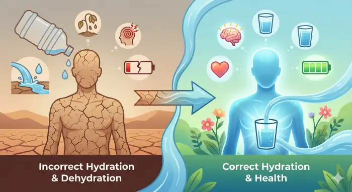 왼쪽의 메마른 주황색 배경에는 갈라진 땅 위에서 괴로워하며 물을 들이키는 사람과 방전된 배터리 아이콘이 있고, 중앙 화살표를 지나 오른쪽 촉촉한 푸른색 배경에는 생기 넘치는 식물 옆에서 자주 물을 마시며 활력 넘치는 사람과 완충된 배터리 아이콘이 대비된 인포그래픽.