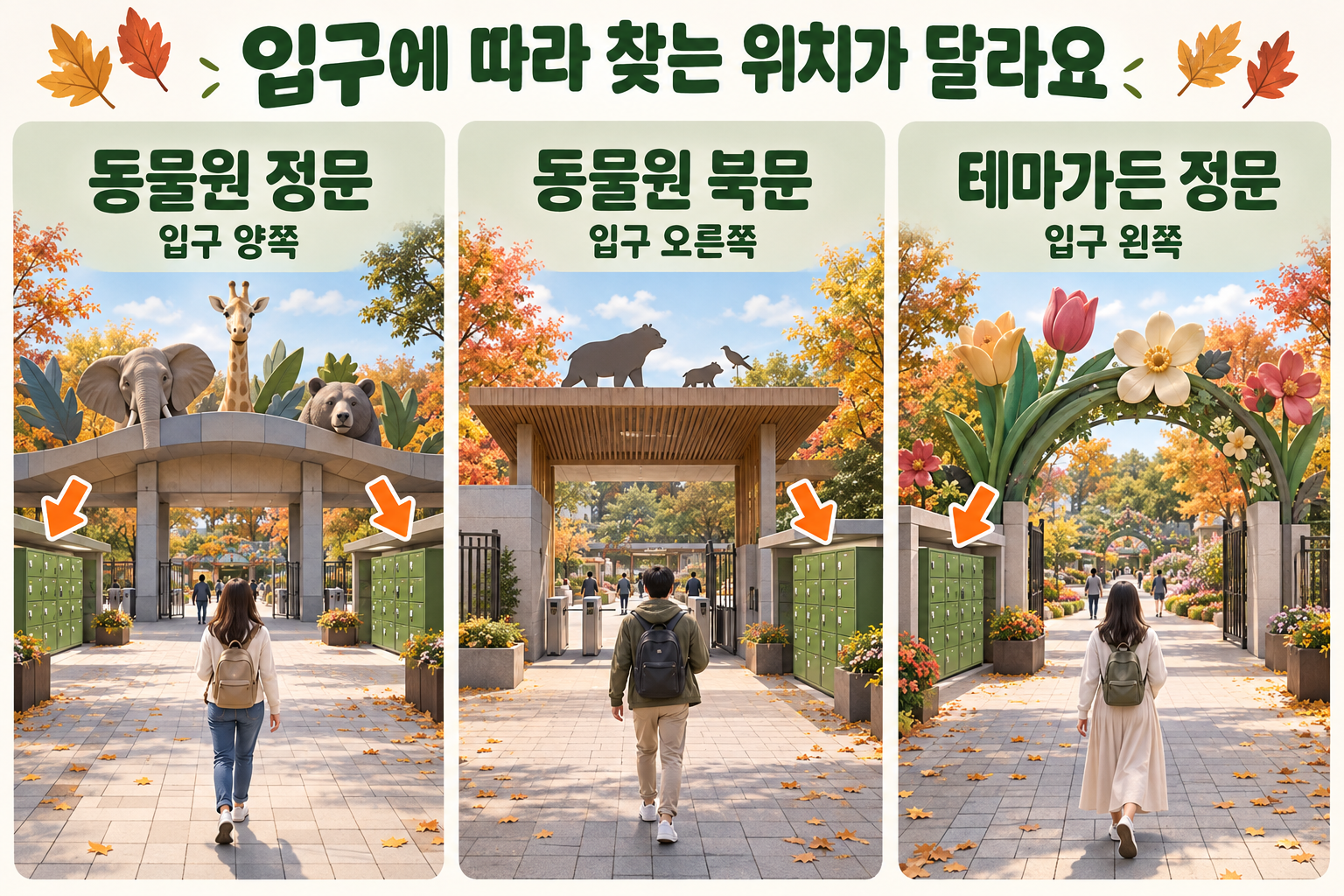 동물원 정문 양쪽과 북문 오른쪽, 테마가든 정문 왼쪽의 보관함 위치 설명