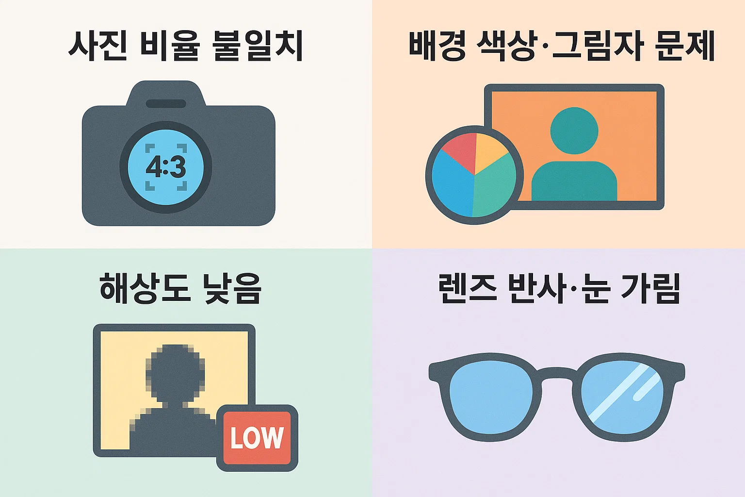 사진 비율 불일치, 배경 색상 문제, 해상도 저하, 렌즈 반사 등 운전면허증 갱신 사진에서 자주 발생하는 불합격 원인을 정리한 인포그래픽.