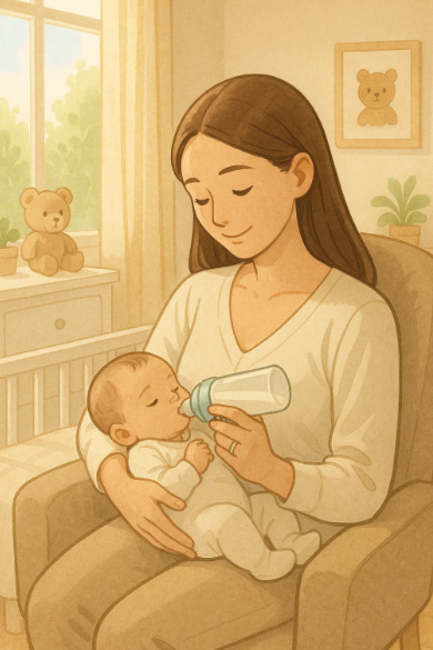 엄마가 모유 수유 후 아기에게 젖병 분유를 먹이는 모습