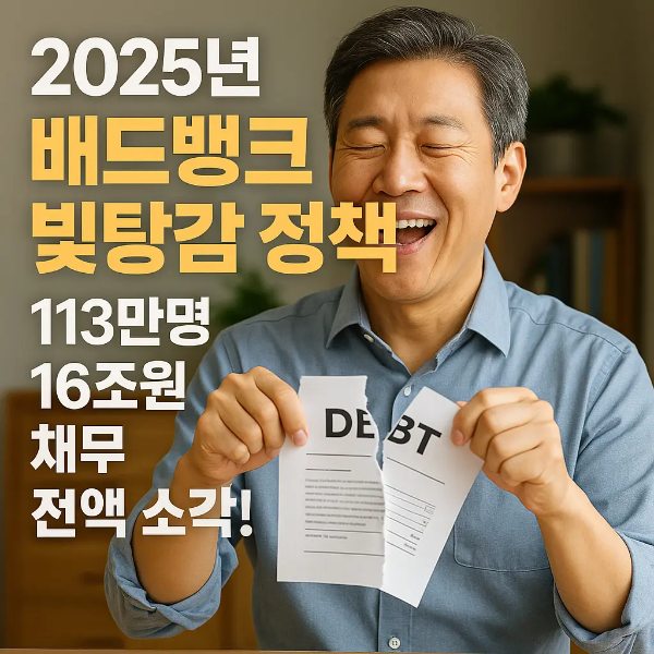 빚문서를 찢으며 환하게 웃고 있는 한국인 중년 남성과 “2025년 배드뱅크 빚탕감 정책 ❘ 113만명 16조원 채무 전액 소각!” 텍스트 이미지