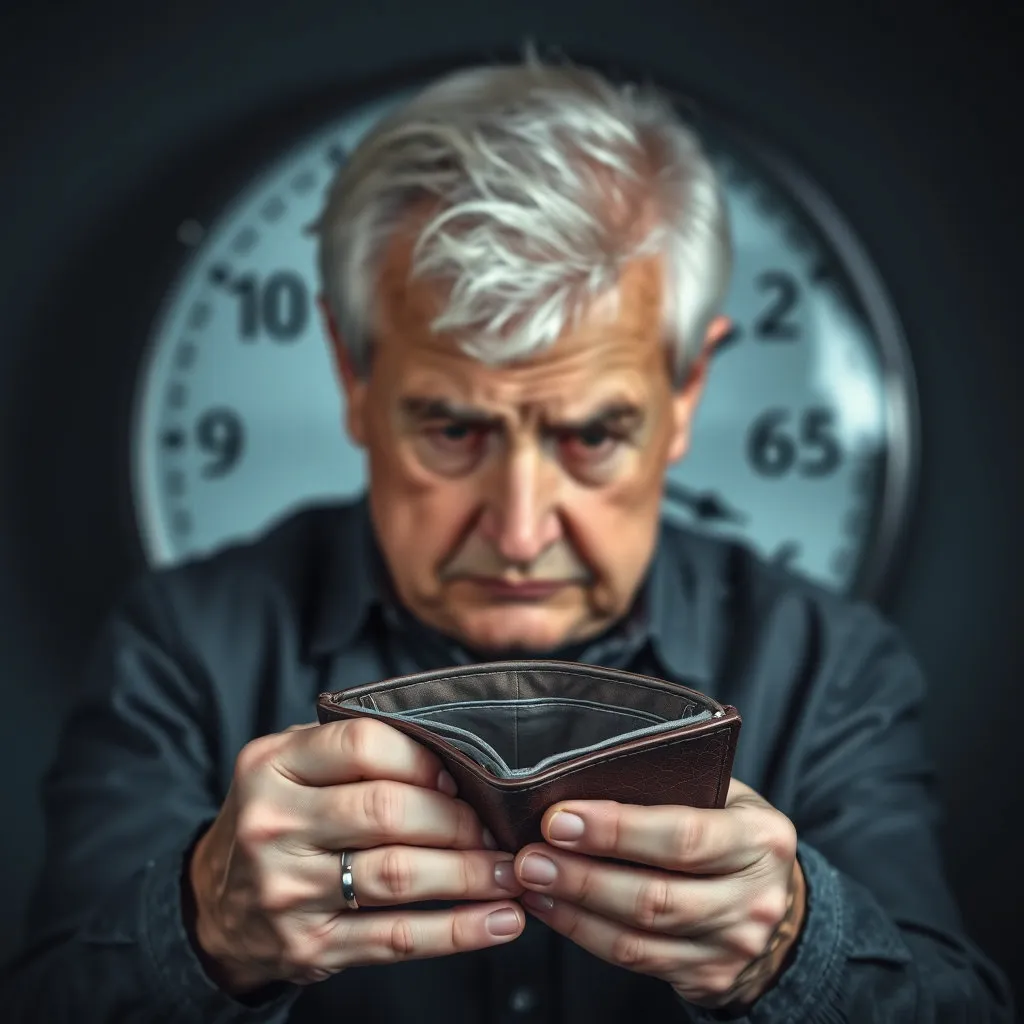 60대 초반의 퇴직자가 텅 빈 지갑을 들여다보며 난감해하는 모습과, 그 뒤로 60세와 65세를 가리키는 시계가 흐릿하게 보이는 다소 어두운 톤의 이미지.