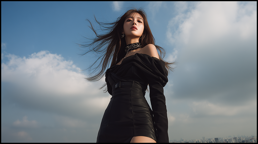 로우 앵글에서 촬영된 한국 여성 모델의 전신 화보, 바람에 날리는 의상과 드라마틱한 하늘이 강조된 패션/시네마틱 컷_Midjourney