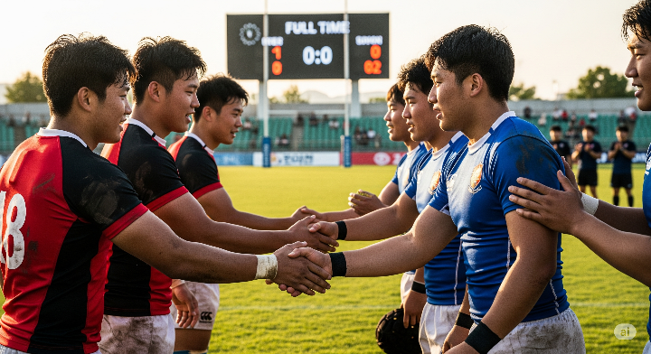경기를 마치고 서로를 격려하며 악수하는 럭비 선수들의 모습