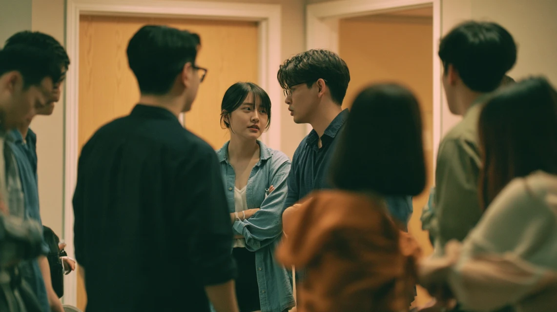 차분한 표정으로 두 회원에게 다가가는 모임 리더